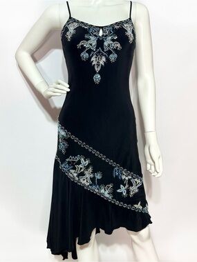 VTG Y2K Cache Black Midi Asymmetrical Dress with Blue & Silver Embroidery | 6